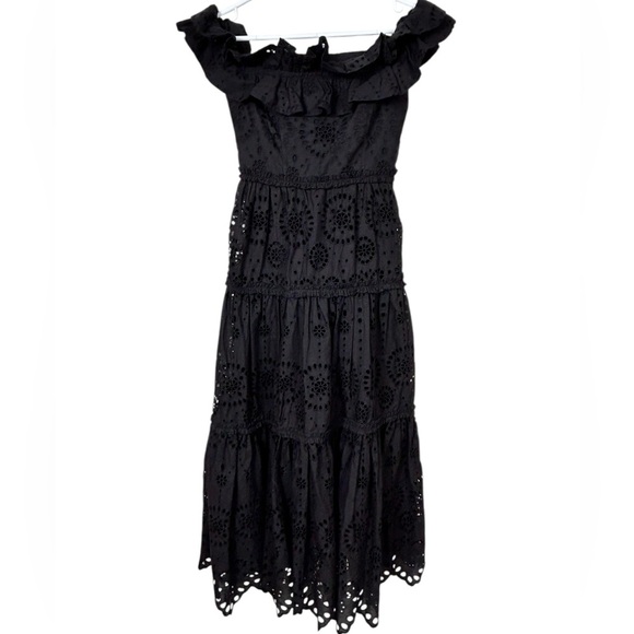 Zara embroidered eyelet cotton midi dress, XS, black, ruffles, tiered skirt Chic - Picture 2 of 14